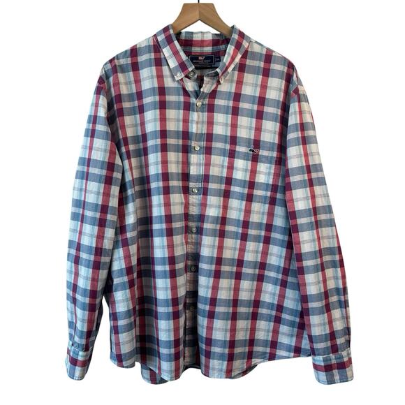 Vineyard Vines Mens Shirt XXL Blue Pink Plaid Tucker Slim Flit Business Casual - Picture 1 of 7